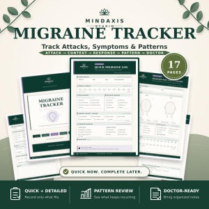 May include: A 17-page digital migraine tracker log with dark green and white color scheme. The pages feature sections for attack details, symptoms, pain location, triggers, and responses. Text includes Mindaxis Studio Migraine Tracker.
