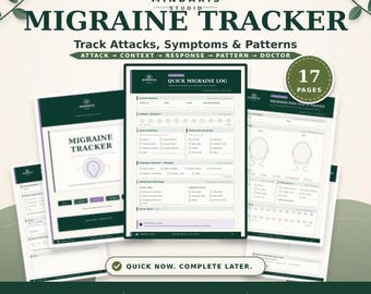 Registro de migrañas en formato PDF imprimible para registrar ataques, síntomas, desencadenantes, respuesta al tratamiento y visitas al médico.
