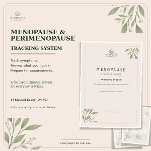 Może przedstawiać: System do śledzenia menopauzy i perimenopauzy do druku od Mindaxis Studio. Dokument PDF A4 w kolorze beżowym zawiera ciemnozielony tekst, ilustracje liści oraz 14 stron służących do monitorowania objawów i przygotowania do wizyt lekarskich.
