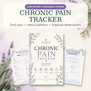 May include: A printable chronic pain tracker system featuring three pages with lavender floral accents. The central page displays the title Chronic Pain Tracker, Mindaxis Studio branding, and five icons labeled Track, Connect, Understand, Notice What Helps, and Communicate.