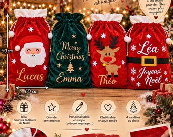 May include: Four velvet Christmas gift sacks measuring 90 cm by 60 cm. Three are red and one is dark green, all featuring white drawstring tops with pom-poms. Designs include a Santa, a reindeer, and personalised names like Lucas, Emma, Théo, and Léa.
