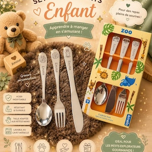 Peut inclure: Un ensemble de trois couverts en acier inoxydable pour enfant, comprenant une cuillère, une fourchette et un couteau. Chaque pièce est gravée du prénom Emma et d'un motif animalier. Le set est présenté dans une boîte jaune illustrée.