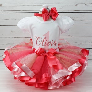 First Birthday Outfit Girl 1st Birthday Outfit Personalized Baby Girl Birthday Dress First Birthday Tutu Outfit Coral & Pink Birthday Party