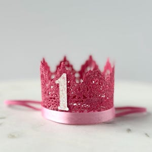 Handmade Lace 1st Birthday Crown Headband Baby Girl One Year Old Party Hat First Birthday Pink Princess Headpiece for Cake Smash Photo Prop