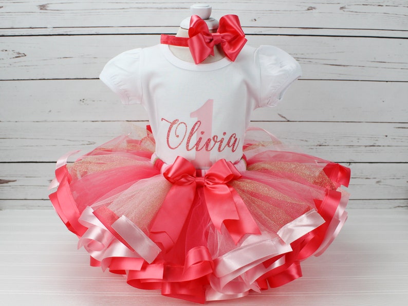 First Birthday Outfit Girl 1st Birthday Outfit Personalized Baby Girl Birthday Dress First Birthday Tutu Outfit Coral & Pink Birthday Party image 4