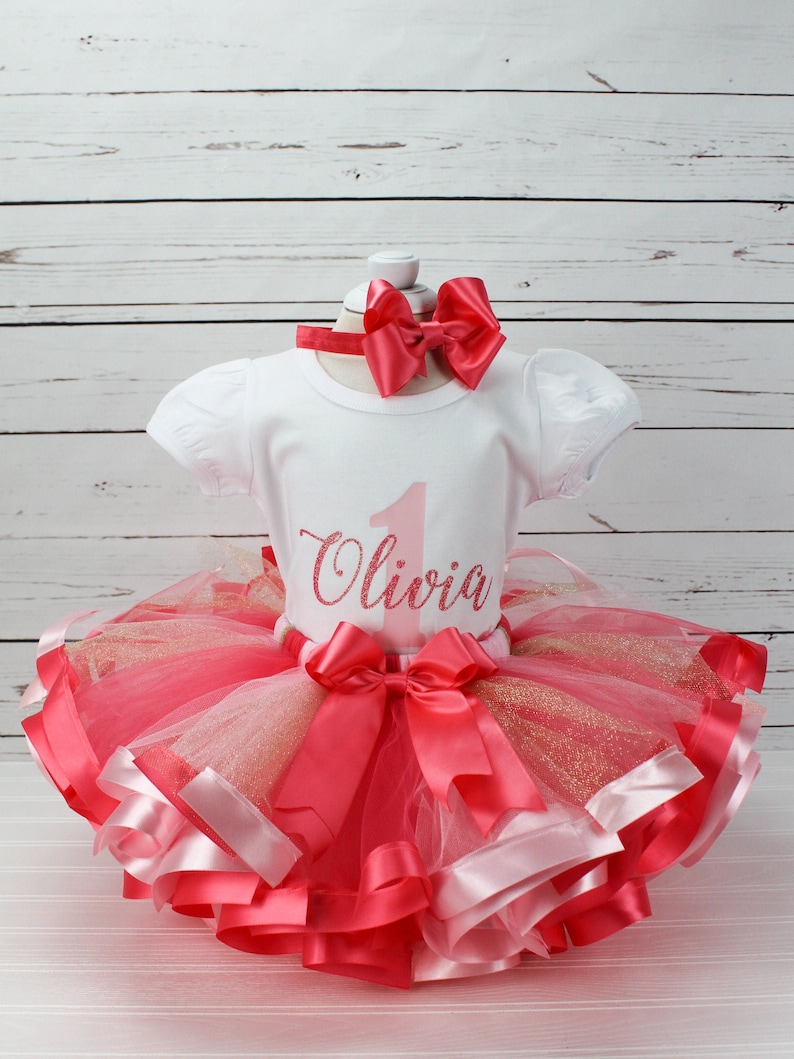 First Birthday Outfit Girl 1st Birthday Outfit Personalized Baby Girl Birthday Dress First Birthday Tutu Outfit Coral & Pink Birthday Party image 1