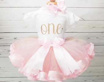 Pink and Gold First Birthday Outfit for Girl - 1st Birthday Ribbon Tutu - Cake Smash Photo Outfit - 2nd 3rd 4th 5th Birthday Gift for Girl