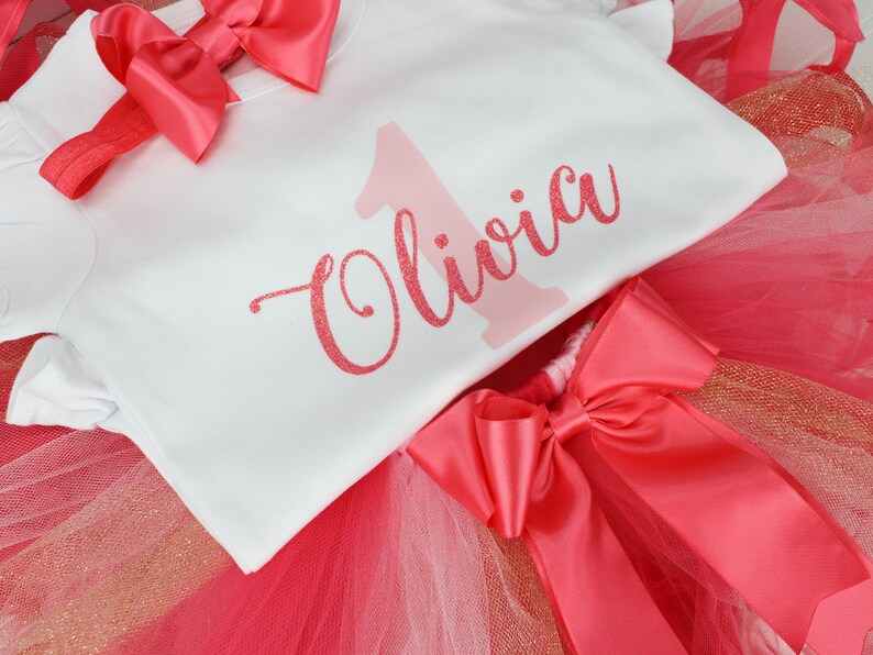 First Birthday Outfit Girl 1st Birthday Outfit Personalized Baby Girl Birthday Dress First Birthday Tutu Outfit Coral & Pink Birthday Party image 2