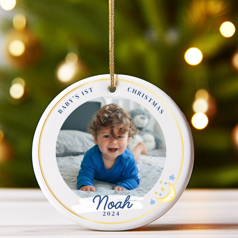 Personalized Baby Boy Photo First Birthday Ornament 2024 Custom