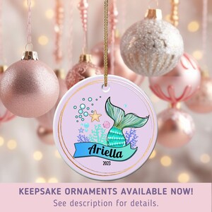 Personalized mermaid tail Christmas ornament dated 2023 can be customized with a name a year for your yearly ornament to commemorate the Christmas season. The perfect keepsake for your little girl or anyone who loves mermaids.