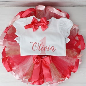 First Birthday Outfit Girl 1st Birthday Outfit Personalized Baby Girl Birthday Dress First Birthday Tutu Outfit Coral & Pink Birthday Party image 5