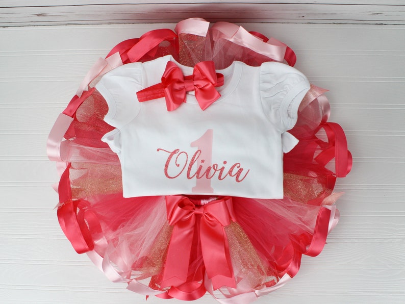 First Birthday Outfit Girl 1st Birthday Outfit Personalized Baby Girl Birthday Dress First Birthday Tutu Outfit Coral & Pink Birthday Party image 5