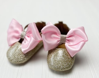 Gold Glitter Baby Dress Shoe for First Birthday Girl Sparkly Pink Bow 1st Birthday Princess  Soft Sole Toddler Mary Jane Crib Shoe Prewalker