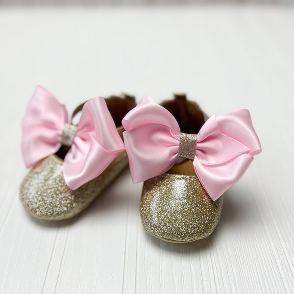 Gold Glitter Baby Dress Shoe for First Birthday Girl Sparkly Pink Bow 1st Birthday Princess  Soft Sole Toddler Mary Jane Crib Shoe Prewalker