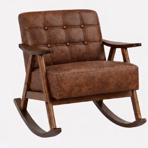 May include: A brown leather rocking chair with a tufted back and seat. The chair has wooden armrests and a wooden frame. The rocking chair is designed for comfort and relaxation. The chair's dimensions are approximately 35 inches wide, 38 inches deep, and 36 inches high.