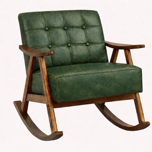 May include: A green leather rocking chair with a button-tufted back and seat. The chair has wooden armrests and a wooden frame. The rocking chair is designed for comfort and relaxation, perfect for a living room or reading nook.