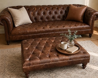 Deep Buttoned Italian Leather Ottoman, Handmade Chesterfield Coffee Table Footstool UK Made