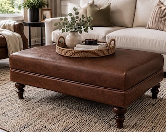 Plain Top Italian Leather Ottoman, Handmade Coffee Table Footstool UK Made