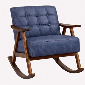 May include: A blue upholstered rocking chair with a button-tufted back and seat. The chair has dark wooden armrests, frame, and rockers. The chair is designed for comfort and relaxation, suitable for a living room or nursery.
