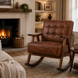 Kenna Rocking Chair, Modern Italian Aniline Leather Armchair, Dark Wood Frame UK Handmade Nursery Chair image 1