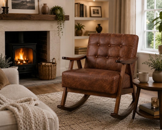 Kenna Rocking Chair, Modern Italian Aniline Leather Armchair, Dark Wood Frame UK Handmade Nursery Chair