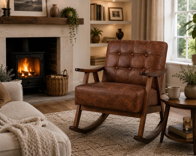 Kenna Rocking Chair, Modern Italian Aniline Leather Armchair, Dark Wood Frame UK Handmade Nursery Chair image 1