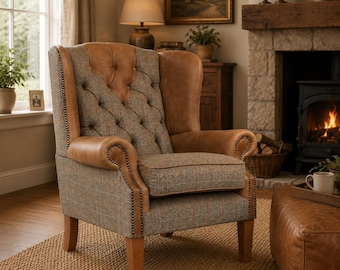 Distressed Italian Leather Harris Tweed Wingback Armchair – Rustic Fireside Library Chair