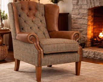 Distressed Italian Leather Harris Tweed Wingback Armchair – Rustic Fireside Library Chair