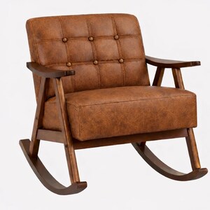 May include: A brown leather rocking chair with a tufted back and seat. The chair has wooden armrests and a wooden frame. The rocking chair is designed for comfort and relaxation. The chair's dimensions are approximately 35 inches wide, 38 inches deep, and 36 inches high.