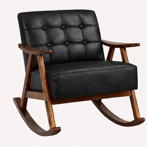 May include: Black leather rocking chair with a tufted back and seat. The chair has wooden armrests and a wooden frame. The rocking chair is designed with a mid-century modern aesthetic.