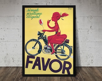 Vintage FAVOR Motorcycle Poster - Simple Pratique Elegant - Digital Download, Printable Art, Vintage Motorcycle Decor, Motorcycle Print