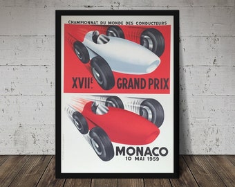 1959 FORMULA 1 MONACO Grand Prix - Digital Download, Printable Art, Vintage Auto Racing Decor, Racecar Print, Racecar Poster