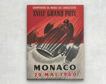 WRAPPED CANVAS - 1960 Formula 1 MONACO Grand Prix - Vintage Auto Racing Poster - Retro Wall Art/ Large Wall Art