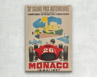 WRAPPED CANVAS - 1957 Formula 1 MONACO Grand Prix - Vintage Auto Racing Poster - Retro Wall Art/ Large Wall Art