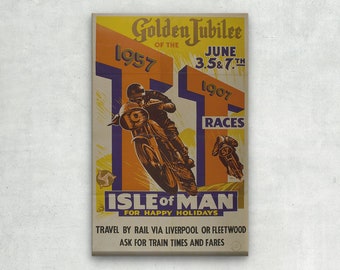 WRAPPED CANVAS - T.T. RACES - 1957 Vintage Motorcycle Grand Prix Poster - Retro Wall Art/ Large Wall Art