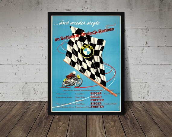 1950 Bmw Vintage Motorcycle Poster Retro Wall Art Large Etsy
