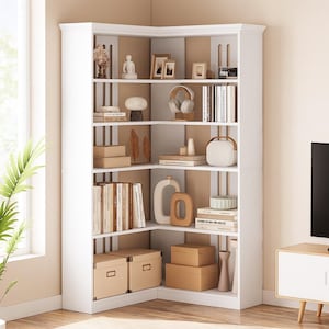 Op de afbeelding: Een witte hoekboekenkast gevuld met boeken, decoratieve items en opbergdozen. De planken tonen een verscheidenheid aan objecten, waaronder een Boeddha-beeld, fotolijsten en een koptelefoon. De boekenkast staat in een goed verlichte kamer.