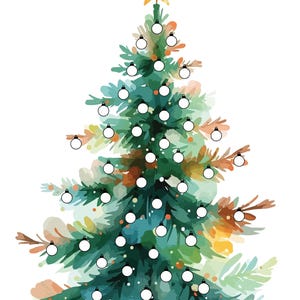 May include: A watercolour illustration of a Christmas tree decorated with white baubles and a gold star. The text "50x" and "Totaal" are visible. The tree is painted in shades of green, blue, and orange.