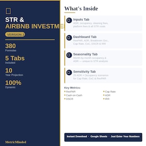 May include: A digital document titled "STR & Airbnb Investment" with Version 2. The document includes 380 formulas, 5 tabs, and a 10-year projection. Key metrics include RevPAR, Cash-on-Cash, DSCR, Cap Rate, ADR, and IRR.