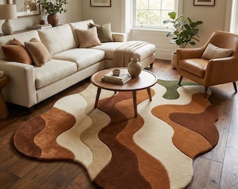 Handmade Abstract Area Rug, Organic Shape Wool Carpet, Modern Boho Living Room Decor
