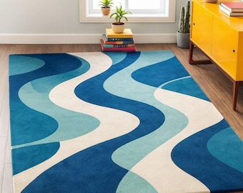 Modern Abstract Wavy Blue Area Rug Handmade Tufted Carpet for Living Room Bedroom Decor