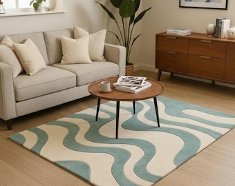 Modern Wavy Pattern Area Rug, Handmade Tufted Wool Carpet, Cream & Teal Abstract Rug