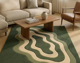 Handmade Green Abstract Area Rug, Modern Wavy Tufted Carpet, Minimalist Living Room Rug