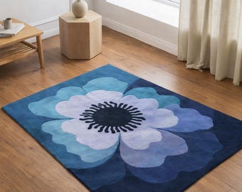 Hand-Tufted Blue Floral Wool Rug – Modern Scandinavian Carpet