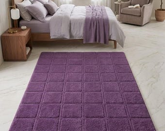 Modern Purple Tufted Area Rug Soft Plush Geometric Square Pattern Living Room Carpet Decor