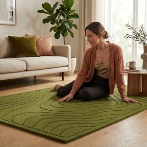 Modern Green Tufted Rug Topographic Wave Pattern Handmade Area Rug Living Room Decor