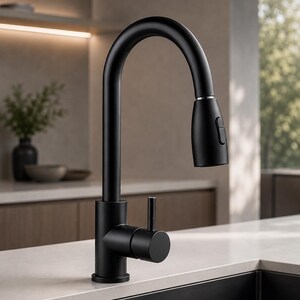 Könnte beinhalten: Eine mattschwarze Küchenarmatur mit hohem Bogenauslauf und ausziehbarer Brause. Die Armatur verfügt über einen seitlich montierten Einhebelgriff zur Wassersteuerung und einen zylindrischen Sockel, alles in einer soliden, mattschwarzen Oberfläche.