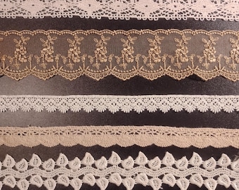 Encaje y ribete de ganchillo vintage en tonos crema y tostado