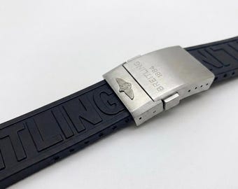 Breitling Black Rubber Watch Strap with Stainless Steel Buckle (22mm/24mm) fast shipping