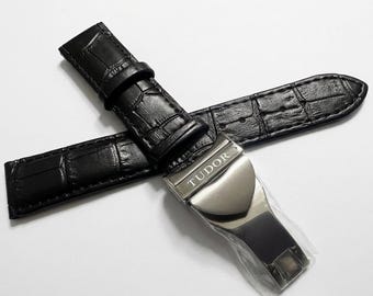 Tudor 18mm/19mm/20mm Black Leather wristwatch strap band with stainless steel deployment clasp Fast Shipping